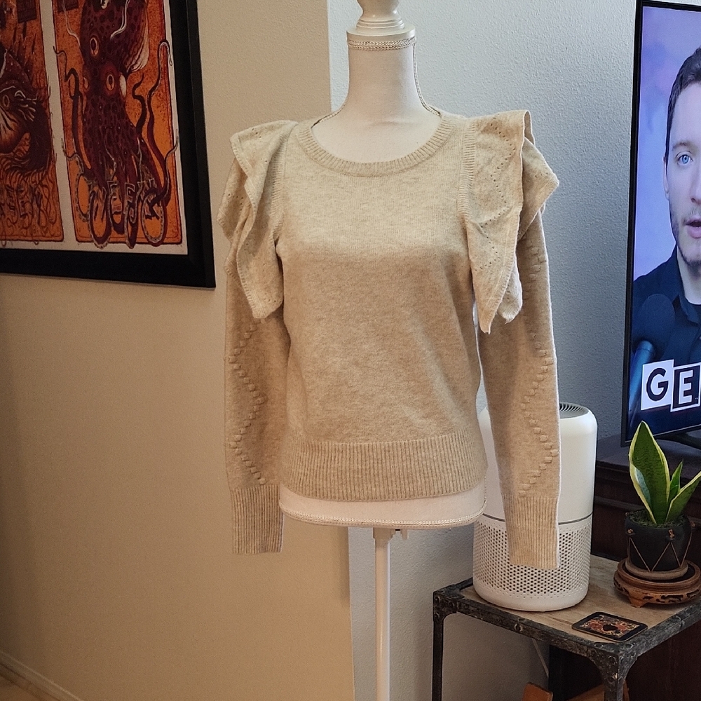 Common Collection Find The Joy Cream Knit Pullover Sweater Ruffled Shoulders